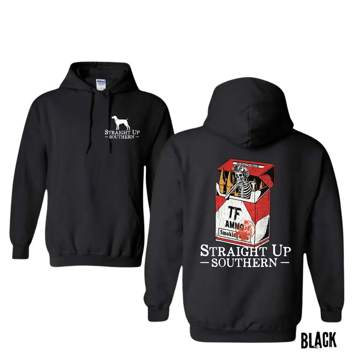 Straight Up Southern Ammo Cigarette Pack Hoodie Sand - Tactical Skull Skeleton Bullet Graphic Sweatshirt - Military Gun Enthusiast Men Pullover
