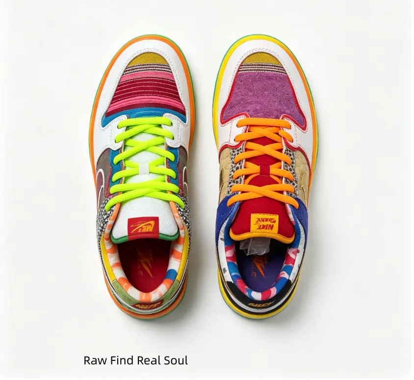 Mixed Textile Asymmetric Mismatched Low Cut Skate Shoes Unisex, Multi Vintage Rainbow Fabric Collage Upper, Durable Color Segmented Traction Rubber Outsole, Cushioned Ankle Collar For Skate Support