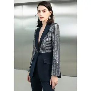 Blue Sequence Blazer with Flare Pantsuit