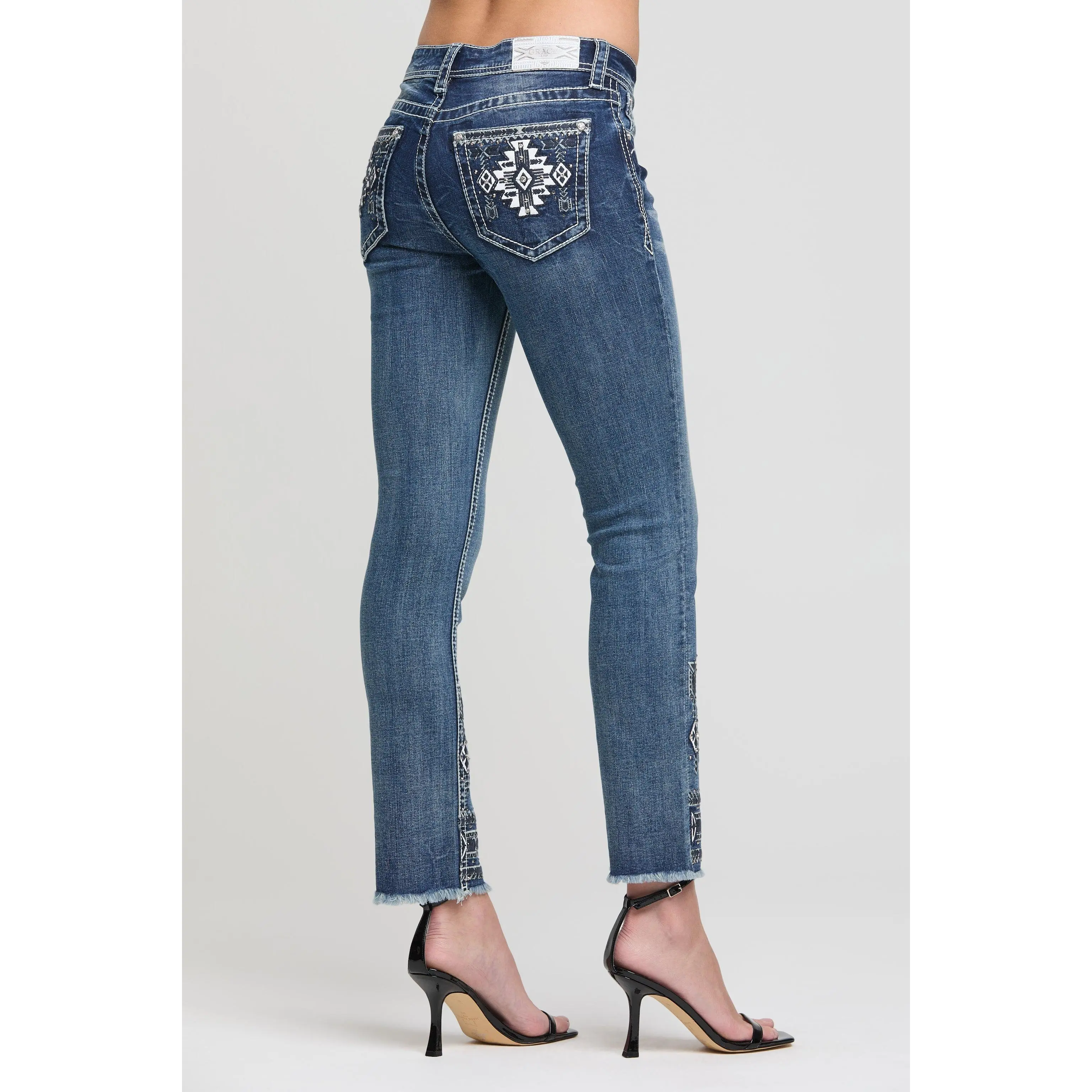 Geometric Aztec Embroidered Straight Jeans