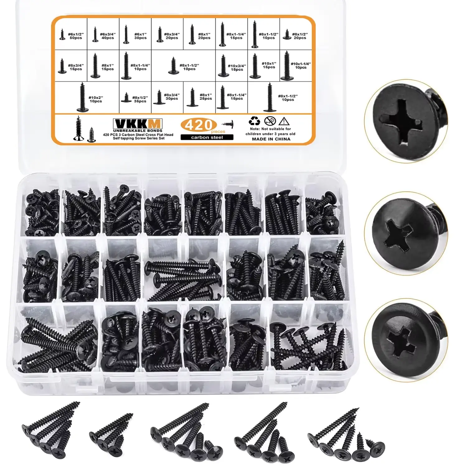 VKKM 420PCS Multi-Size Pan Head Phillips Self Tapping Screws Assortment Kit, Black Carbon Steel Fasteners for Wood & Metal, Versatile Hardware for Furniture Assembly, Appliance Repair & DIY Woodworking Projects