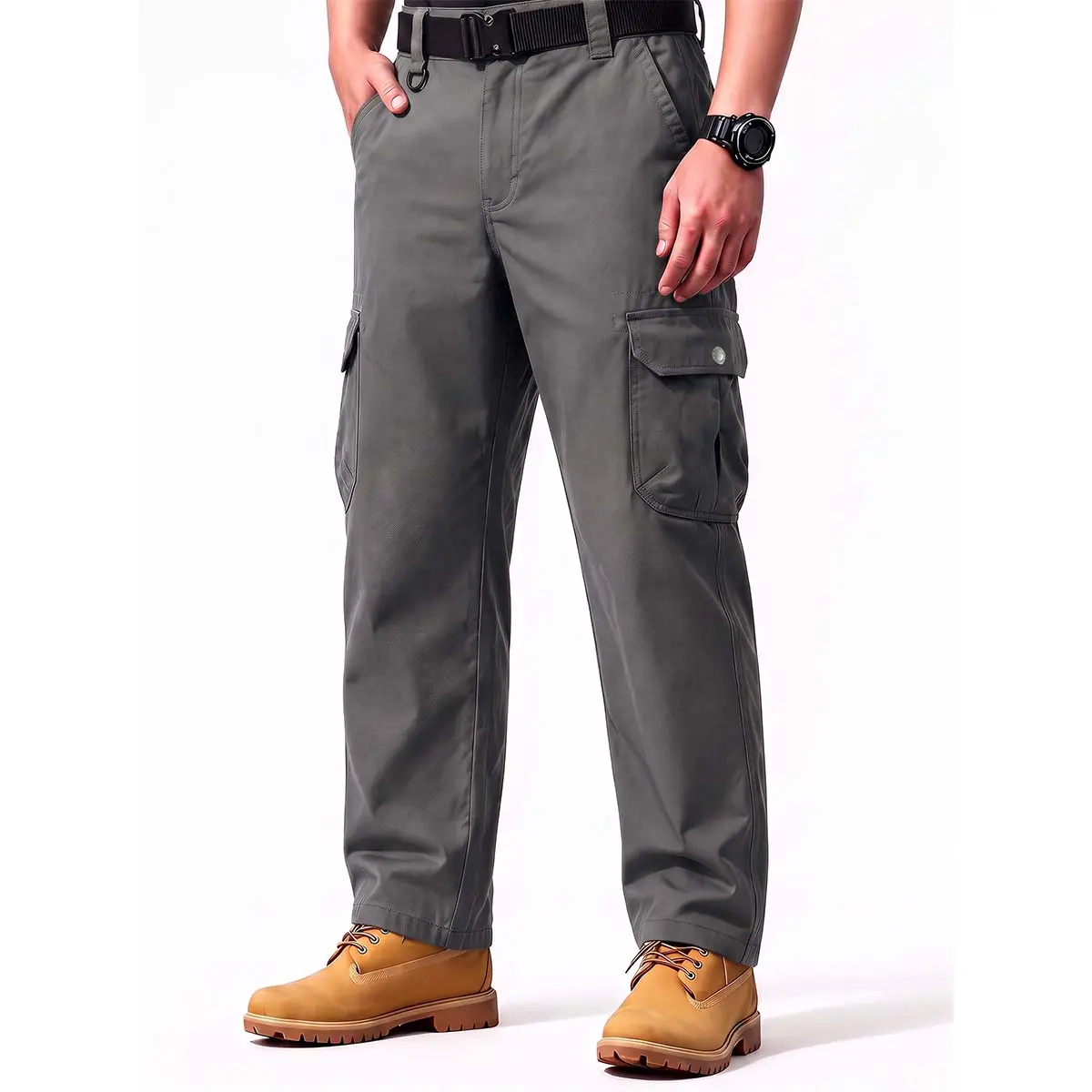 Men’s outdoor wear – durable workwear cargo pants with a stretchy waistband, multiple pockets, loose straight cut; suitable for hiking, camping, fishing, everyday commuting, and versatile for daily use.