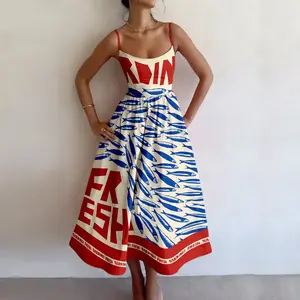 Elegant Strappy Dress — Pop Art Print, Summer Style, Seaside Vacation Vibe — Red & Blue Color Palette — Retro & Playful Print — Sizes S–5XL