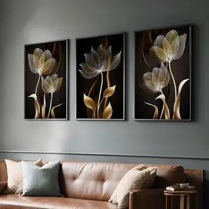 Modern Abstract Black and Golden Flower Pattern Unframed Painting, 3 Counts/set Canvas Wall Art, Artistic Wall Decor for Home Living Room Bedroom Dining Room, Ornaments