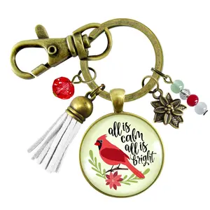 Cardinal Keychain All Is Calm Red Bird Holiday Christmas Jewelry For Women Festive Charm Beads