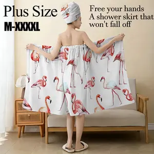 Pink Flamingo Print Shower Skirt & Matching Head Wrap Set, Plus Size M - XXXXL, Hands - Free Non - Slip Bath Wrap for Summer, Beach, Daily, Spa & Home, Vibrant Flamingo Design, Comfortable & Stylish