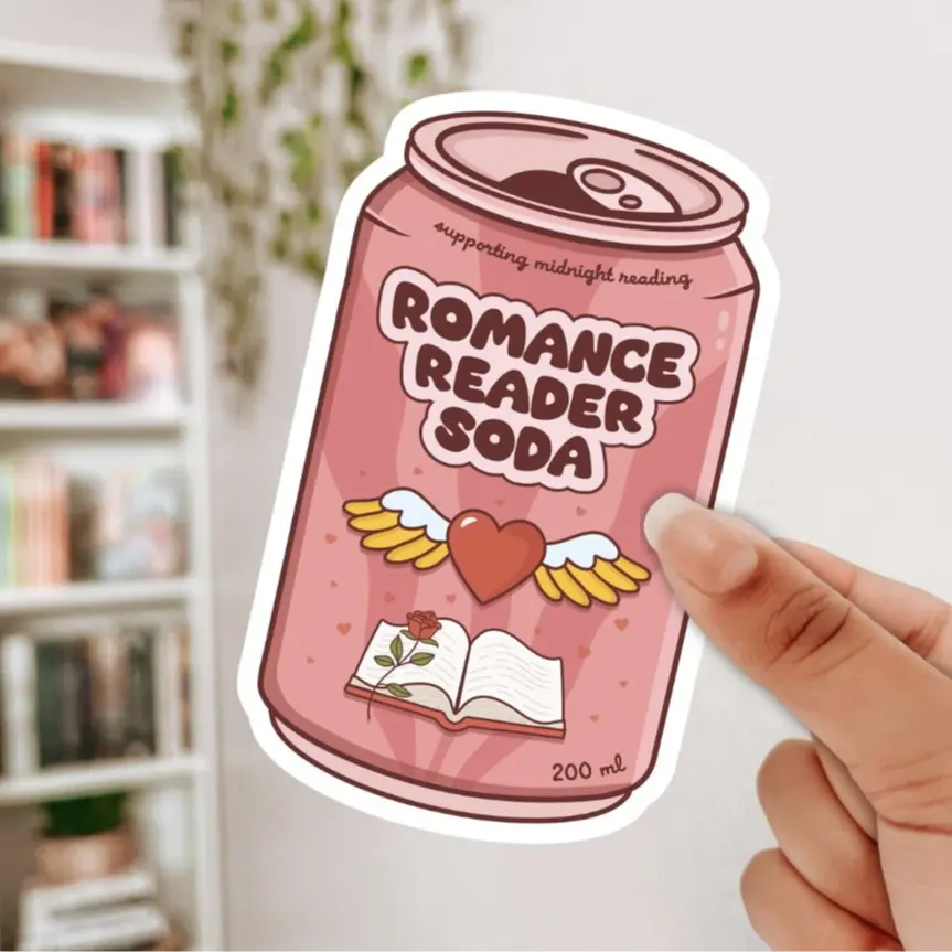 Romance Reader Soda Sticker Supporting Midnight Reading Design with Heart and Book Illustration Pink Can Art