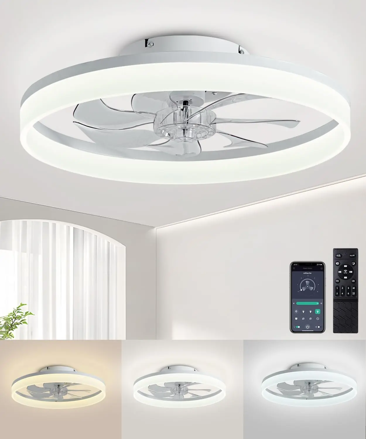 LED Light with Ceiling Fan 20" Modern Low Profile Flush Mount Fandelier with App & Remote Control - Dimmable White Bladeless Fan Light Fixture for Bedroom Kids Room Living Room
