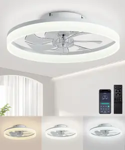 LED Light with Ceiling Fan 20" Modern Low Profile Flush Mount Fandelier with App & Remote Control - Dimmable White Bladeless Fan Light Fixture for Bedroom Kids Room Living Room