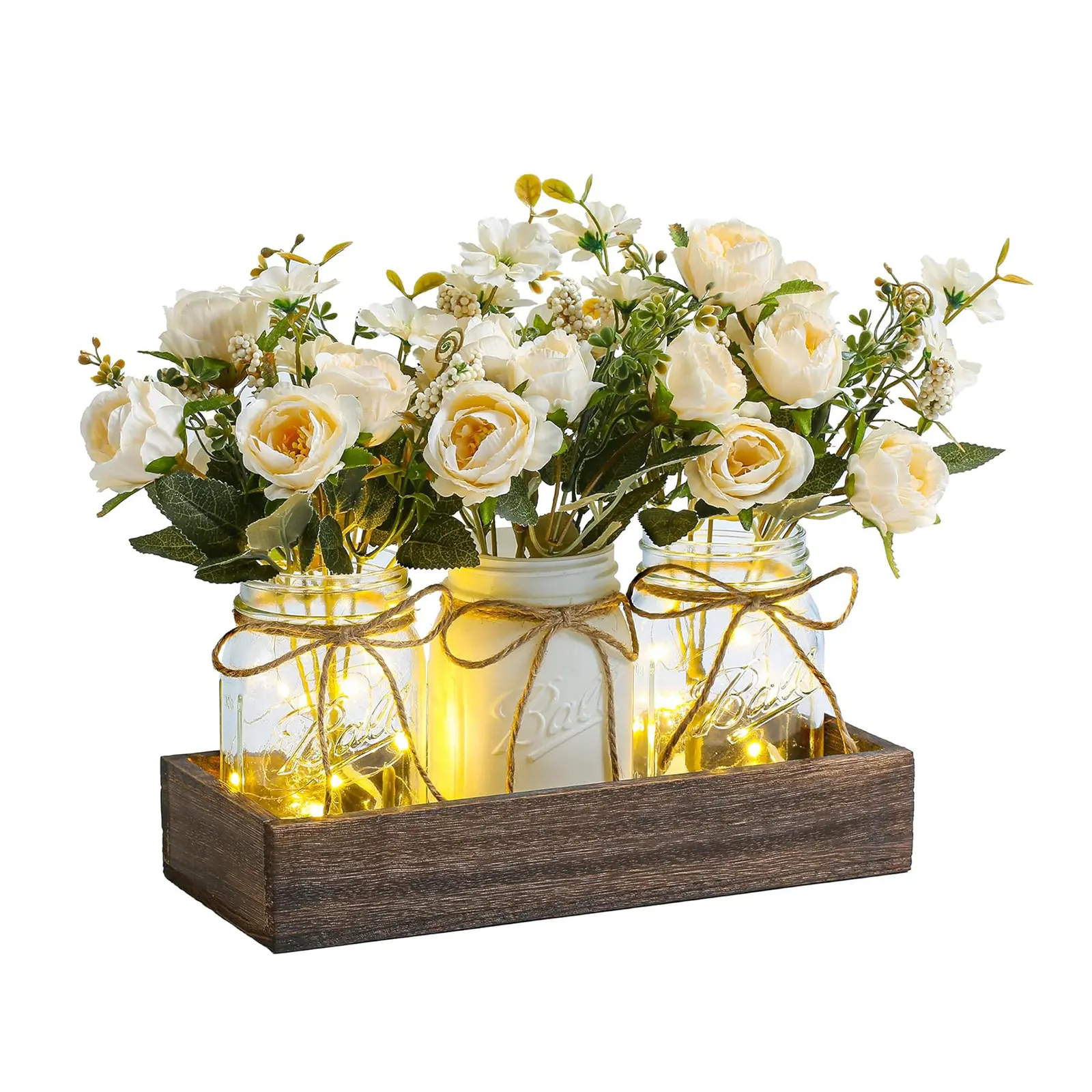 Modern Art Deco Lighted Mason Jar Centerpiece Set - 3 Transparent Jars, 1 Light String, Distressed Wooden Tray, Rustic Artificial Flower Accents, 1 Wood Box, Table Decor, Bathroom Countertop Decor, Valentine's Day Gift, Valentines Day