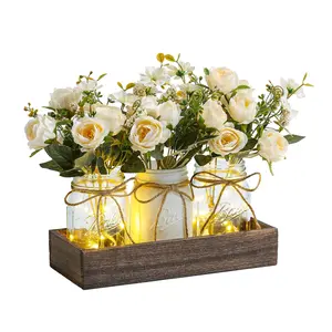 Mason Jar Lights Centerpiece Kit - 3 Transparent Jars, Distressed Wooden Tray, Rustic Floral Accents, Wooden Utensil Box - Christmas Decoration Flower Set for Farmhouse Kitchen, Modern Home Dining Room Gift