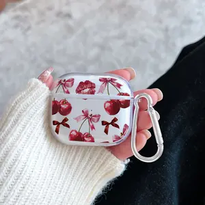 Cherry Kisses Pattern Protective Case for AirPods 4/3/2/1/Pro/Pro2 Soft TPU Earphone Cover, Transparent with Keychain