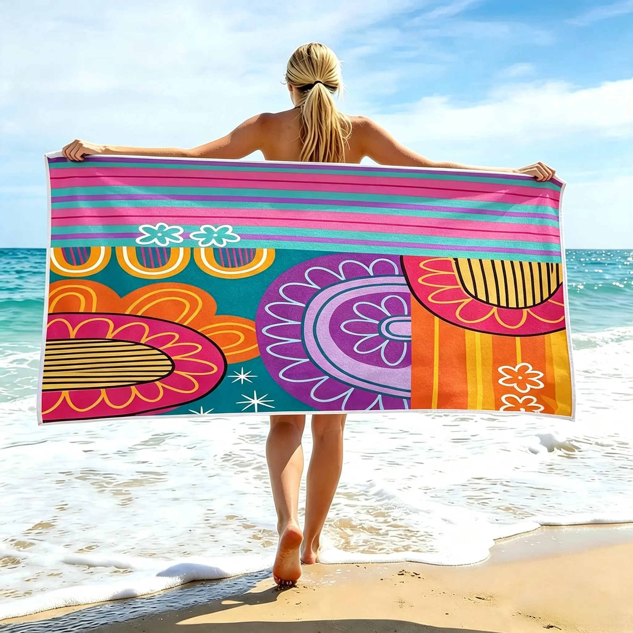 Vibrant Dopamine Color Art Print Beach Towel, Quick-Dry Microfiber, Large Size & Highly Absorbent. Essential for Travel, Ideal for Beach, Picnic, Camping, Swimming and Spa. pool ultra sand golf blanket jacquard poncho  hub swim bath