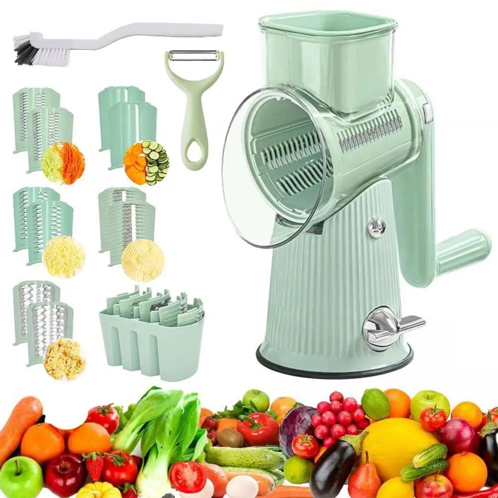 Manual Rotating Cheese Grater, 1 Count 5 in 1 Replaceable Stainless Steel Blade Vegetable Chopper with Blade Storage Box, Multifunctional Vegetable Sl