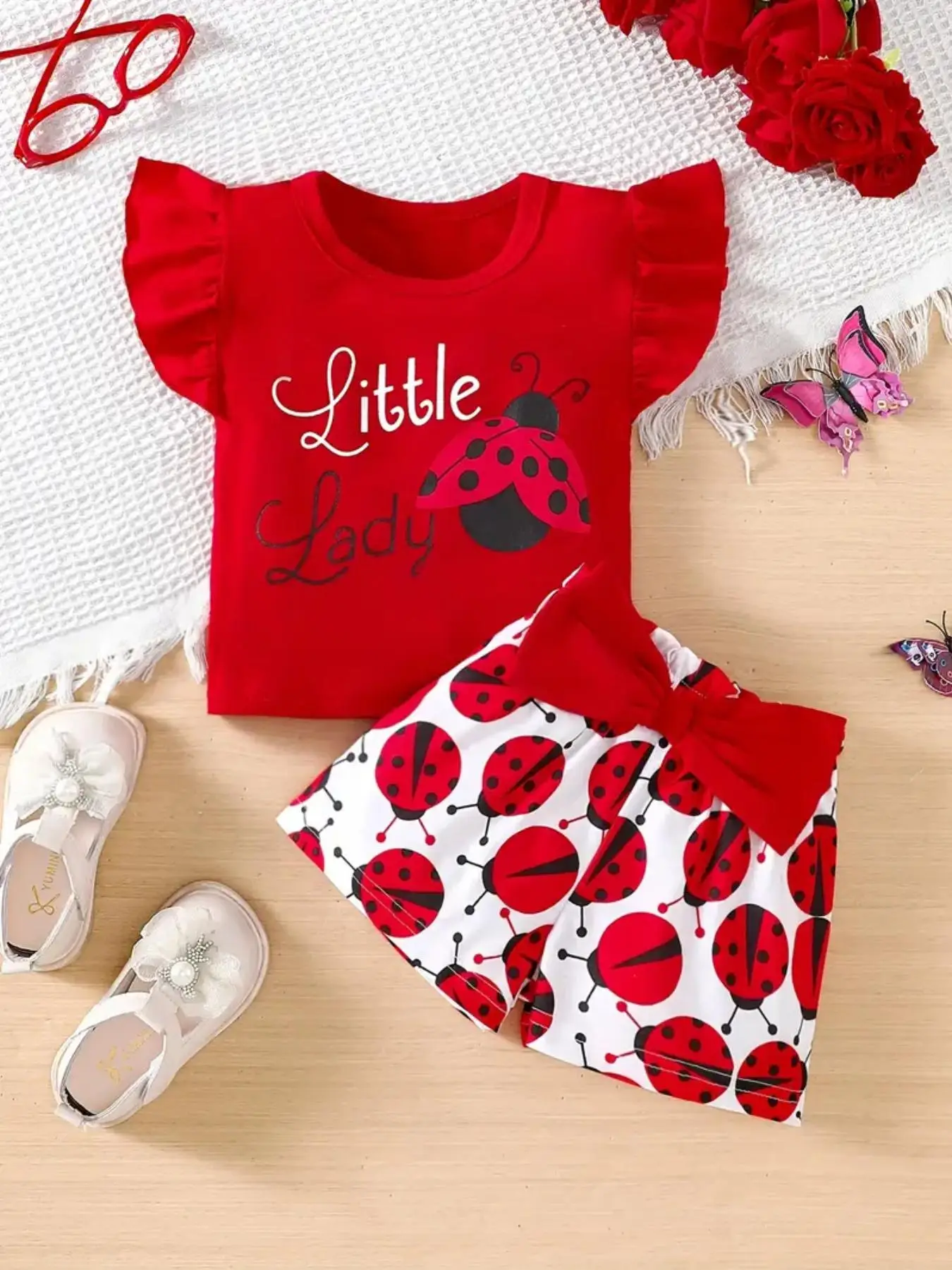 Toddler Girl's Top & Bow Decor Shorts Two-Piece Set, Cute Casual Round Neck Top & Shorts for Daily Wear, Kids Clothing for Summer