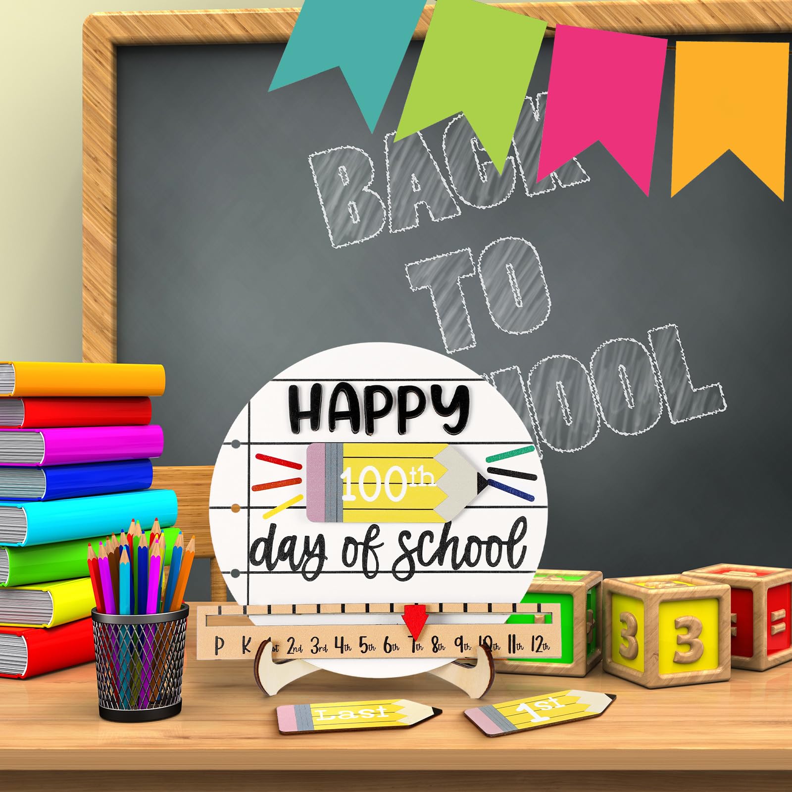 First & Last Day of School Sign Reusable Dry Erase 8" - Back to School Board Gifts Wooden Pencil Style, Cute Pencil Bow Notebook Design for Pre-K Kindergarten Photo Props First Day Last Day Traditions Teachers Parents Essentials Class of 2026