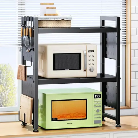 Kitstorack Adjustable Heavy-Duty Carbon Steel Microwave Oven Rack - 2/3-Tier Counter Top Multi-Shelf Shelving & Storage, Cutting Board Spot & 9 Hooks, 12.8" Depth, 120/180 lbs Capacity, Fits Uneven Floors, Assembly Required (Kitchen, Coffee Stations)
