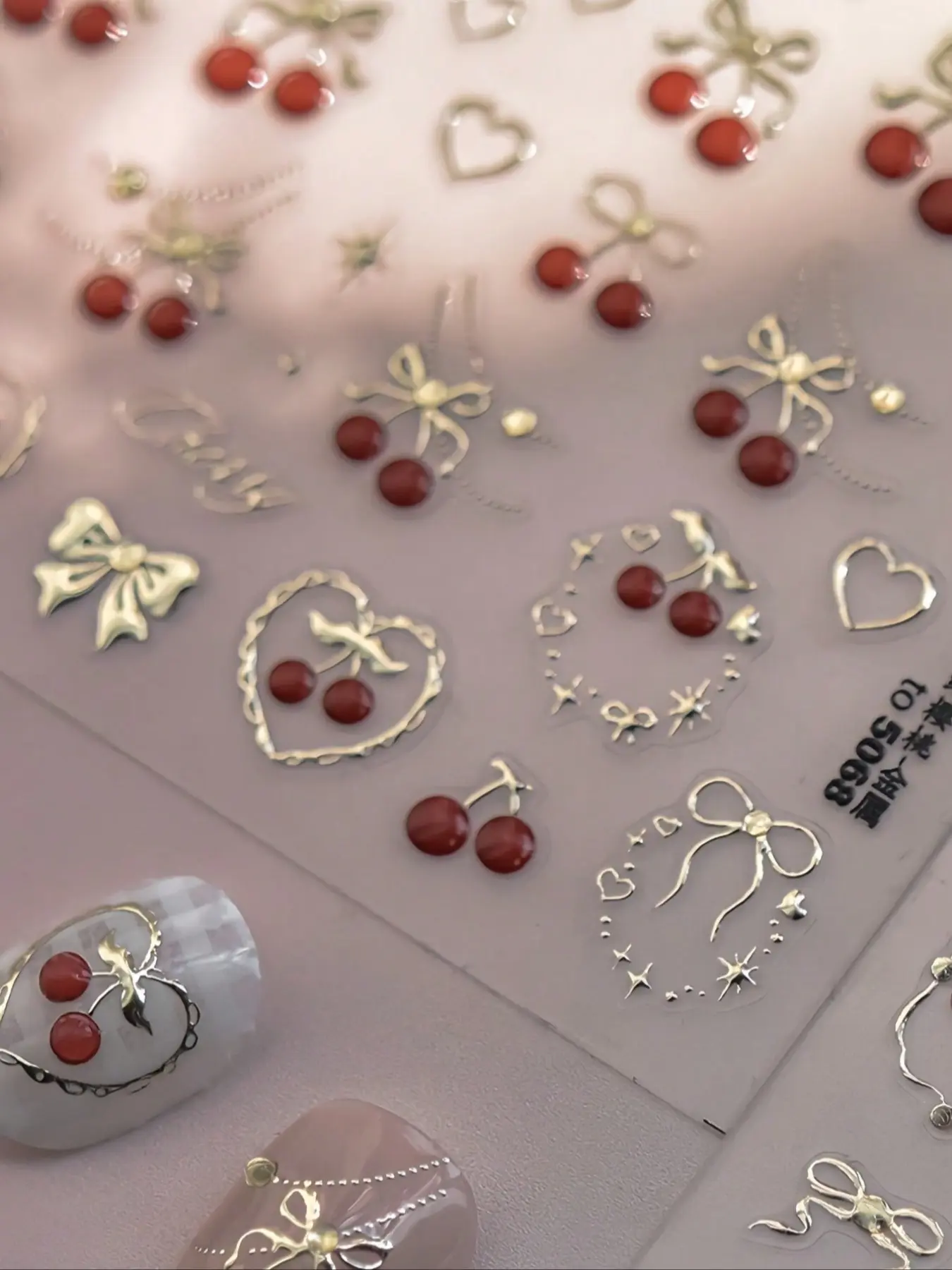 Exquisite Bow & Cherry Design Nail Stickers, 5D Metal Nail Art Decals, Easy Self-Adhesive DIY Manicure Accessory for Women