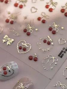 Exquisite Bow & Cherry Design Nail Stickers, 5D Metal Nail Art Decals, Easy Self-Adhesive DIY Manicure Accessory for Women