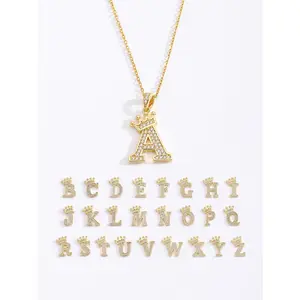 1pc Fashionable Crown & 26 Initial Letter Pendant Necklace For Women, Cute Iced Out Letter Jewelry, Birthday Gift