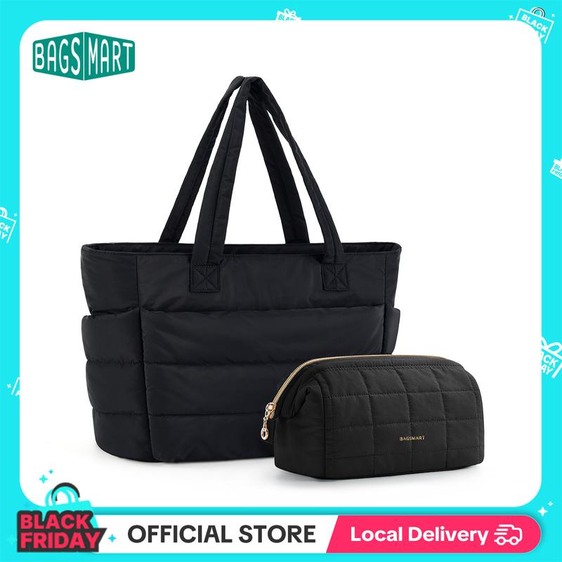 BAGSMART Lightweight Puffy Tote Bag with Compartments for Women, Quilted Shoulder Bag Handbag for Travel and Work Handbag for Travel and Work TikTokShopHolidayHaul