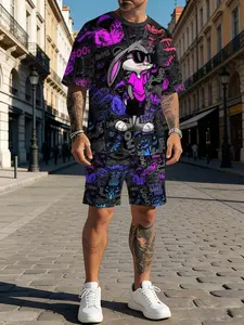 Men's Summer Outdoor Quick-Dry Fabric Short Sleeve T-Shirt + Shorts Set, Cartoon Rabbit 3D Print Graphics Vintage Style, Casual Streetwear Tops
