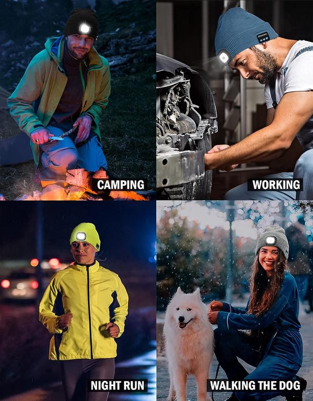 Bluetooth Beanie with a Light, Unisex USB Rechargeable 4 LED Fashlight Hat with Cordless Headphones, Unique Christmas Birthday Gifts for Men Him Husband Teen Black