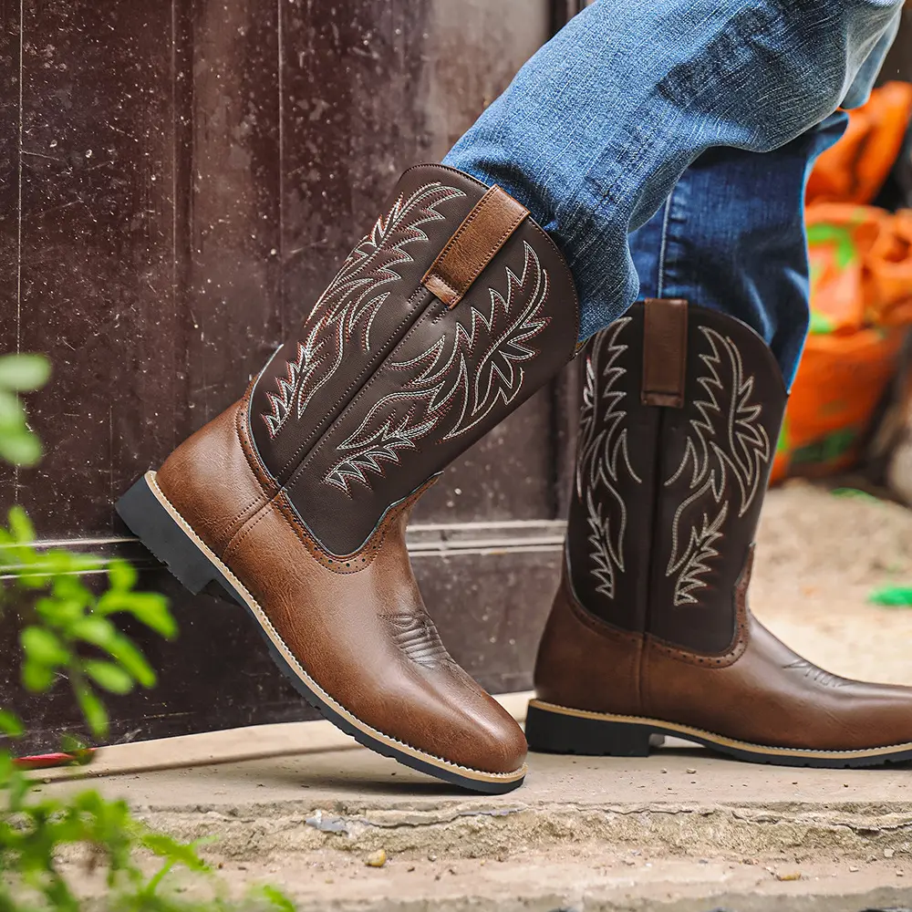 Men's Western Cowboy Boots Embroidered Mid Calf Leather Boots Square Toe Durable Slip Resistant Work Boots For Outdoor Riding Daily Casual Wear