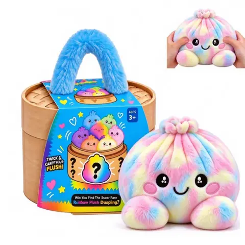 Cute Rainbow Plush Dumpling with Bamboo Steamer Gift Box, Reversible Twist Carry Plush, Lovely Stuffed Doll, Party Favors, Home Decor & Holiday Gift