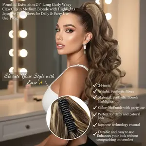 Ponytail Extension 24 Inch Long Curly Wavy Claw Clip in Medium Blonde with Highlights Japanese Tech Synthetic Fibers for Daily & Party Use 170g hairpiece