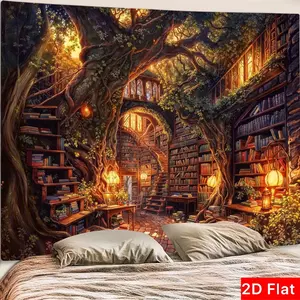 Vintage Fantasy Treehouse Wall Hanging Rug, Forest Library Bookshelf Tapestry, Bedroom Living Room Dormitory Classroom Decor