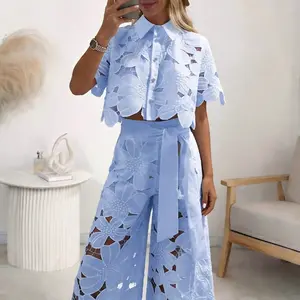 Women's 2026 Retro Lace Outfit Set Short Sleeved Blouse Tops & Tie-up Pants Two-Piece Embroidery Hollow Temperament Suit for Casual & Special Occasions Chic Womenswear