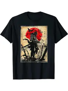 Men's Samurai & Japanese Character Print Casual Graphic Design Round Neck Tee, Regular Fit Short Sleeve Crew Neck T-Shirt for Summer, Fashion Men's Top for Daily Wear, Tropical, Streetwear, Casual Clothing
