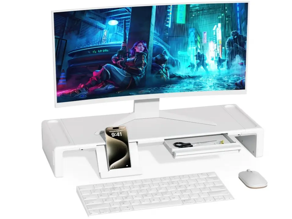 Desk Monitor Stand Riser Foldable with Drawer Phone Holder Height Adjustable Laptop Organizer White