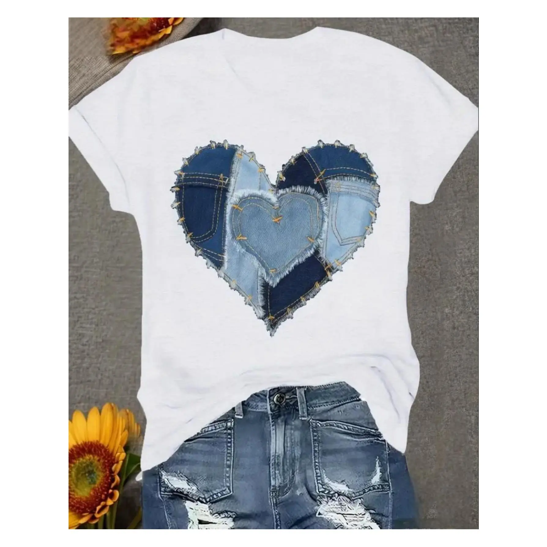 Women's Heart Denim Print Tshirt - Casual Lightweight Fabric Shortsleeve Crewneck Top for Spring Summer, Fitted, Garment, Heart Print