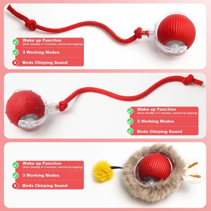 Newly Designed 360° Interactive Electric Rolling Mobile Rechargeable Self-play Stimulating Toy, Pet Chase Ball with Fast Tail Rope, Suitable for Indoor Cat, Small Dog Toy, Automatic Rolling Ball