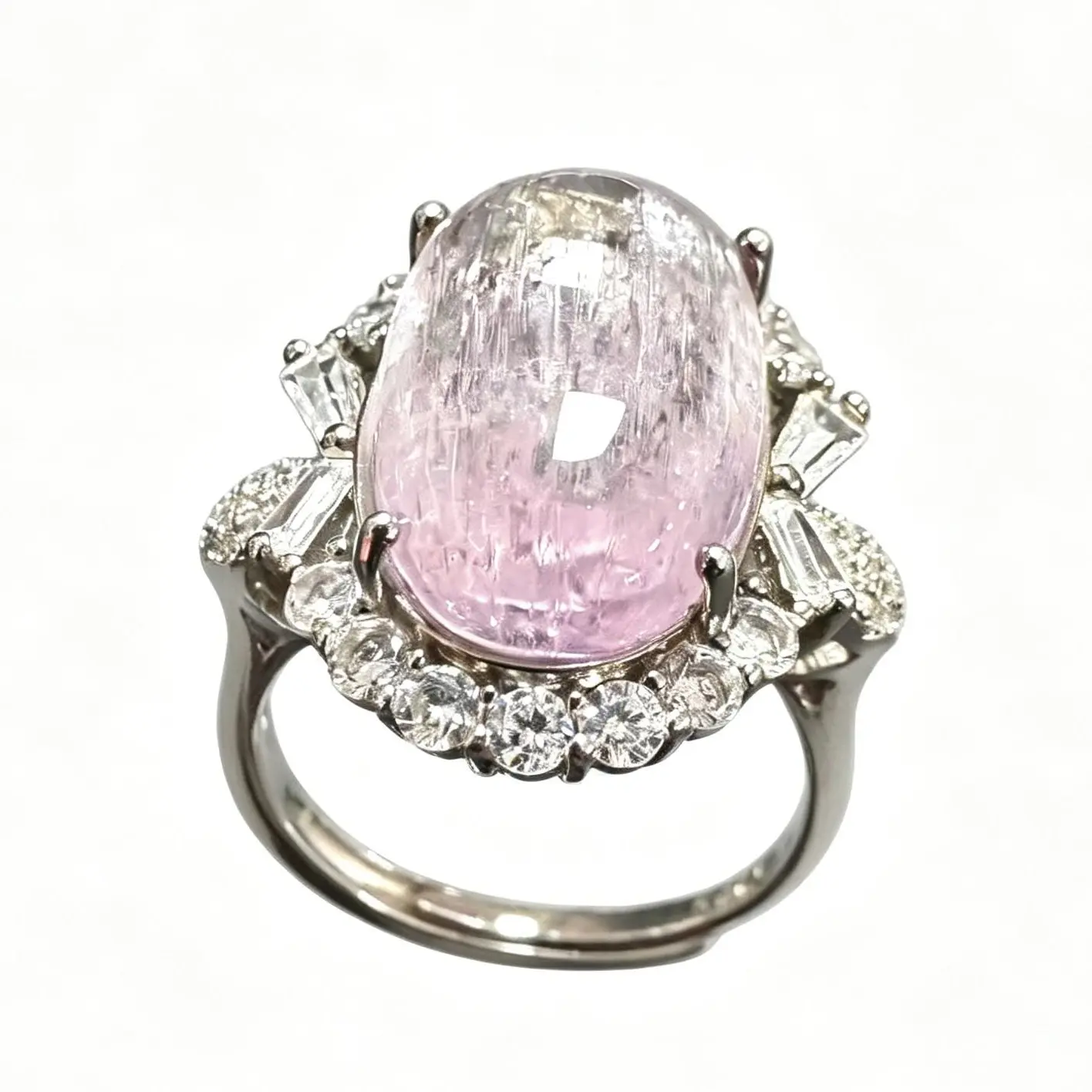 925 Silver Natural Kunzite Halo Ring - Oval Cabochon Cut, Unisex Adjustable Open Band (18×12Mm), Special Occasion Looks, Fits Most Ring Sizes, Adult Cocktail Jewelry Accessory
