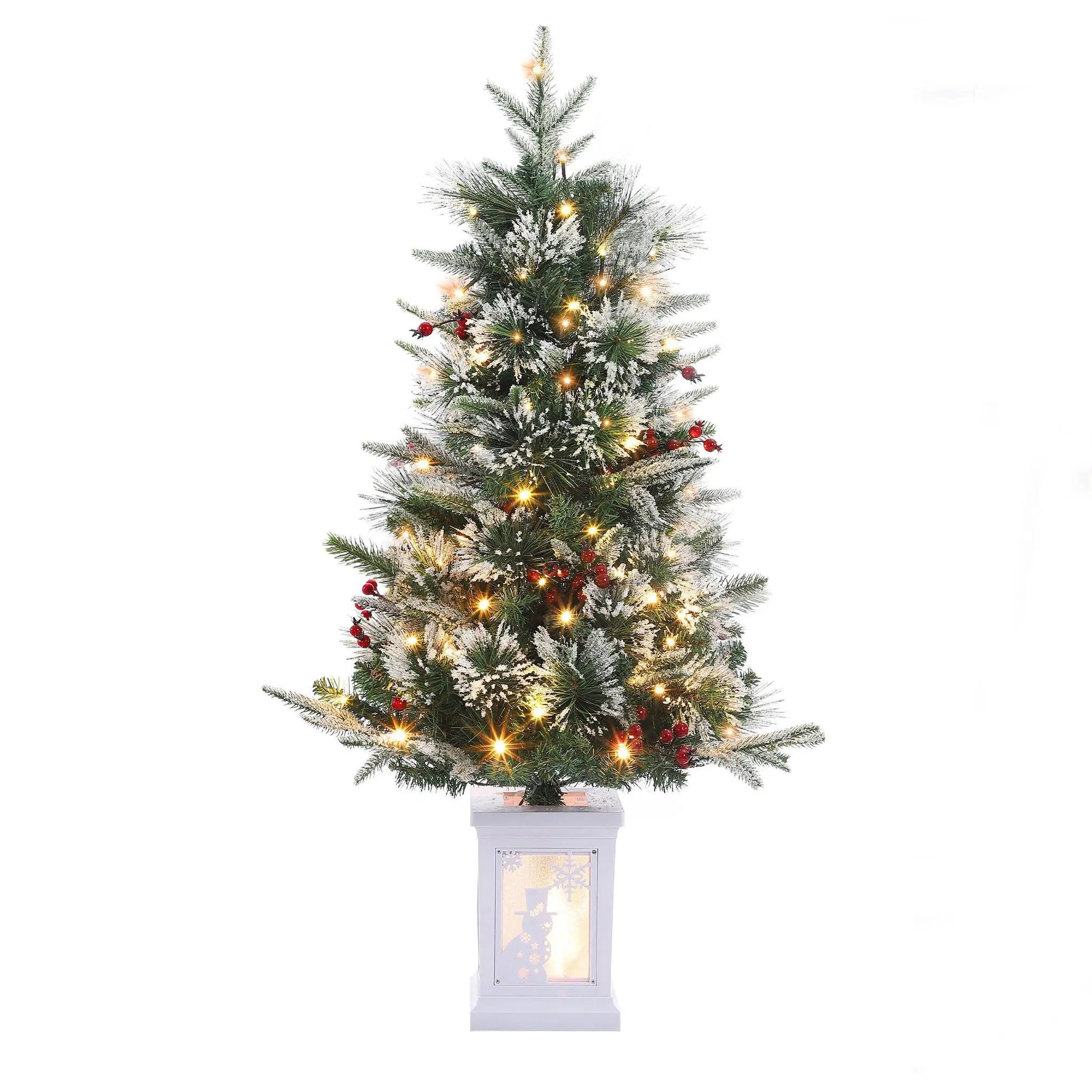 3ft Prelit Christmas Tree with White Snowman Box Base, Snow Flocked Xmas Tree with 78 LED Lights Tabletop Small Decor Battery Operated