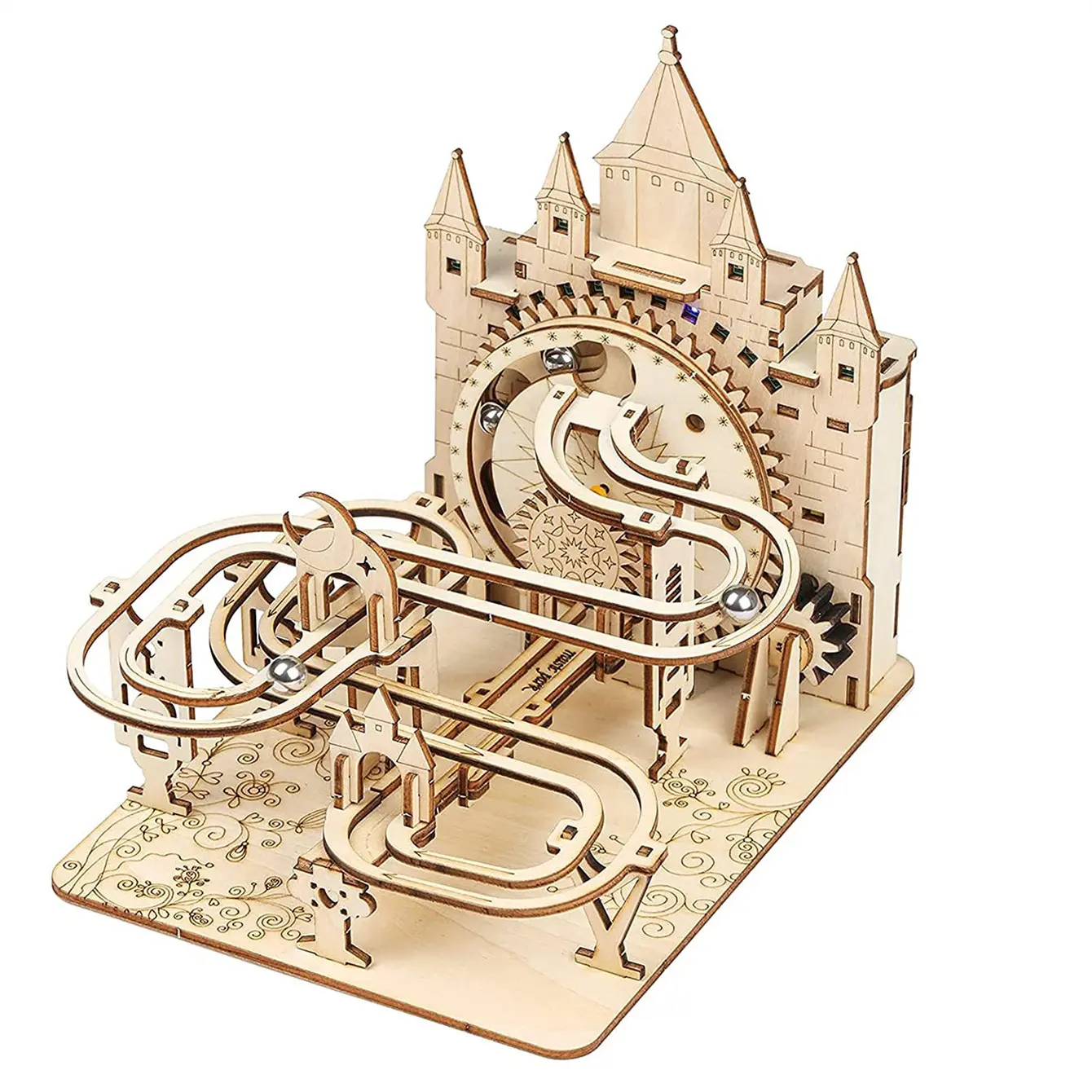 Electric Marble Run 3D Wooden Puzzle Kit, Mechanical Building Model with Lighted Track, 3-Dimensional Brain Teaser DIY Handmade Christmas Gift, Three-Dimensional