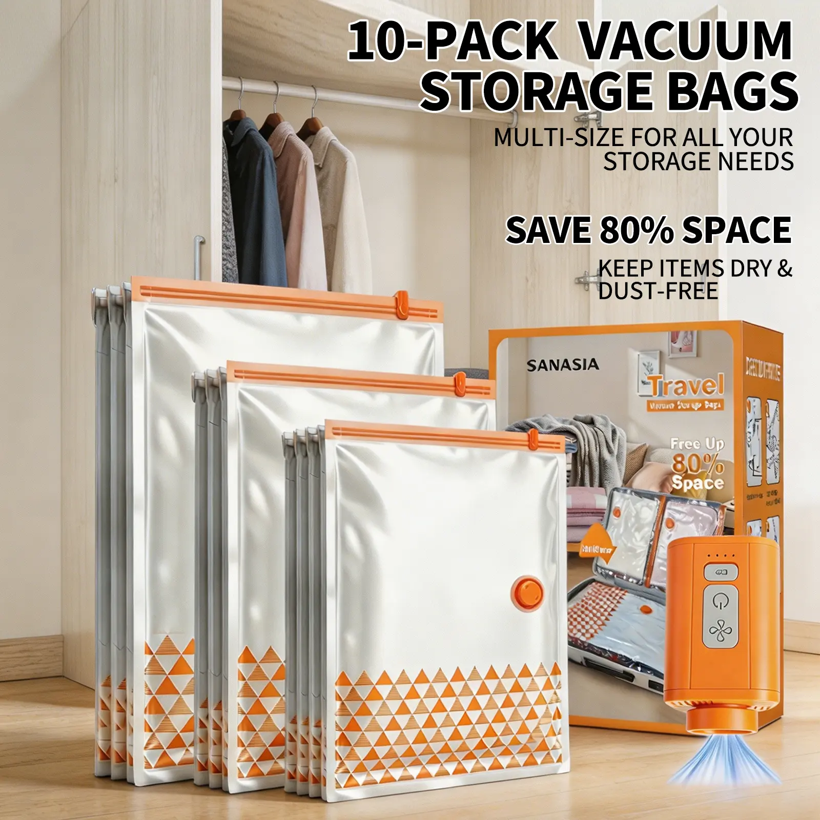 SANASIA Vacuum Compressed Storage Bags with Wireless Electric Pump, 10-Pack 3-Size PE Zipper Travel Organizer Bags, Portable Space-Savers for Suitcases & Home Organization, Compressed Bags