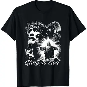 Cotton Streetwear Graphic Tees Casual Round Neck Shortsleeve Fashion Glory to God Jesus Crown of Thorns T-Shirt