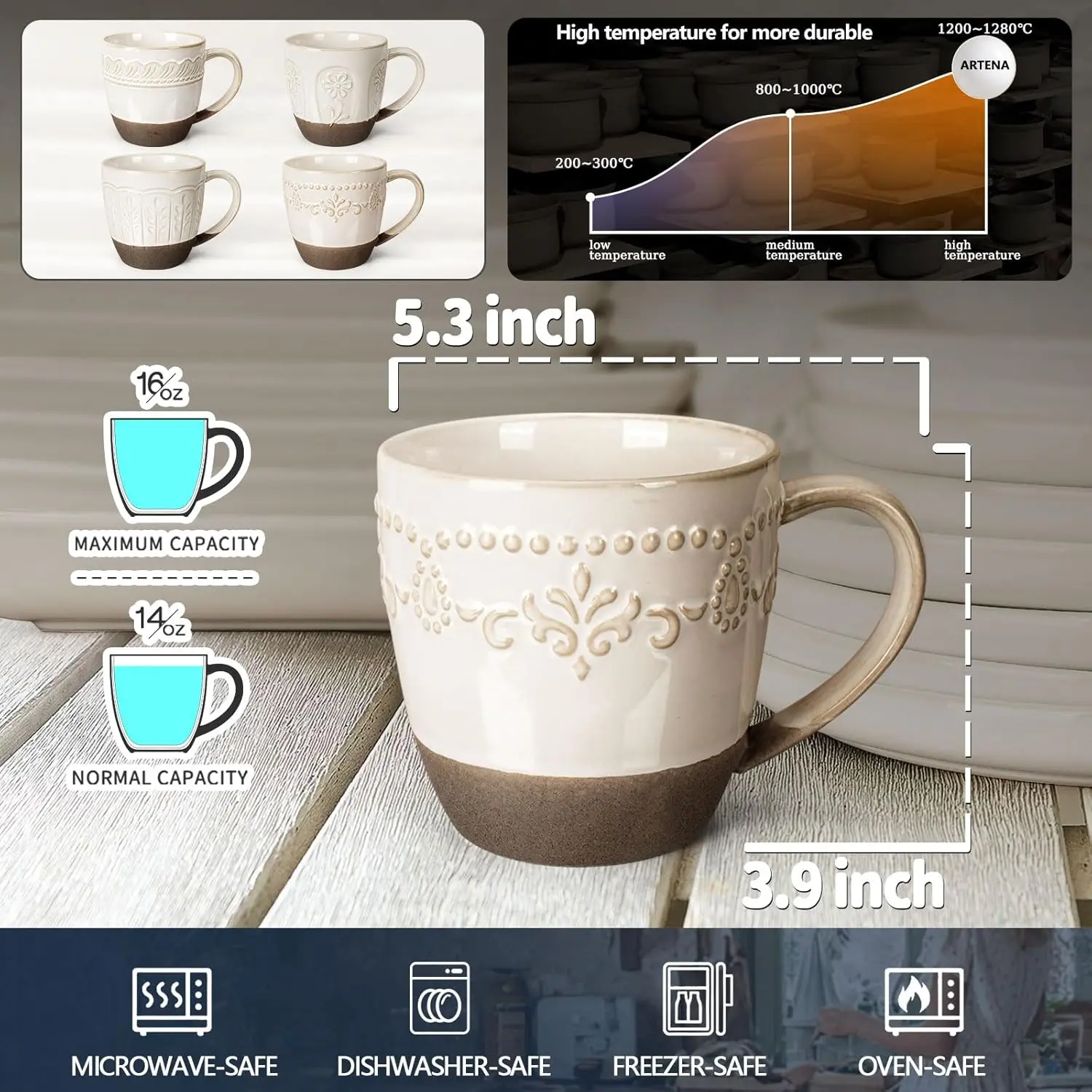 Artena Ceramic Coffee Mugs Set of 4, 16oz Large Embossed Mugs - Modern Cups  for Latte, Cappuccino,