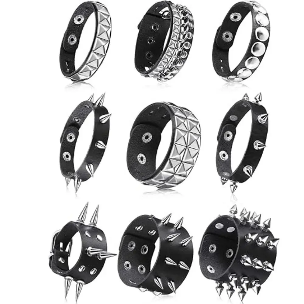 9Pcs Spiked Studded Bracelet Emo Punk Leather Rivet Bangle Y2k Goth Adjustable Cuff Wrap Wristband for Rock Concert Wristband Men Women (Classic Style) Men's Accessories