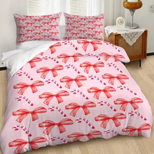 Pink Bow and Candy Cane 2/3pcs Duvet Cover Set, Soft Bedding Set, Sweet Watercolor Style, Includes 1 or 2 Pillowcases-Fillers Not Included, Zipper Closure