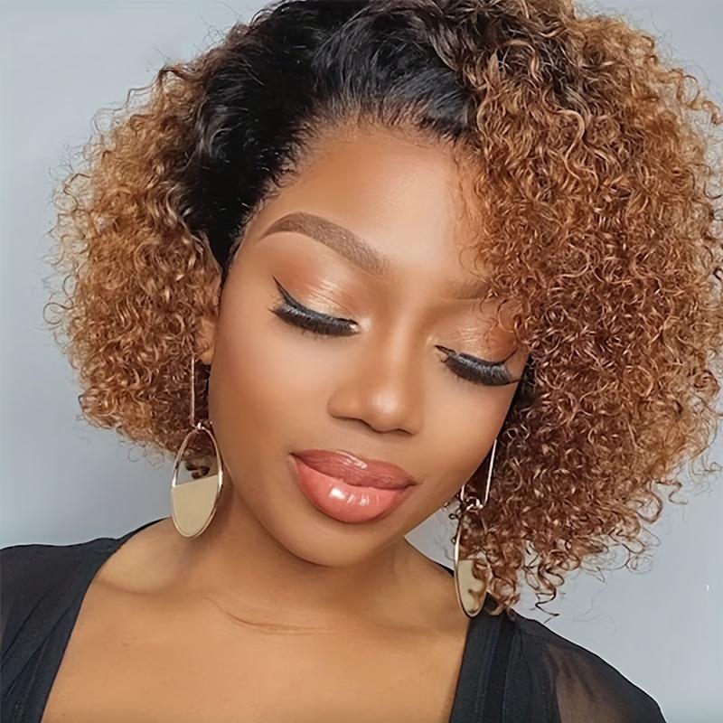 Fashion Brazilian Remy 180% Jerry Curly Short Pixie Bob Cut Human Hair Wigs - Highlight Kinky Curly Wigs For Women