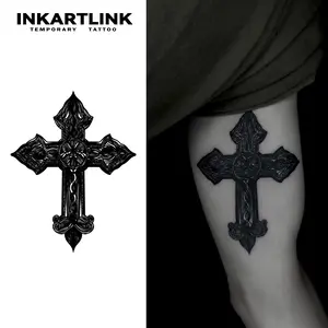 INKARTLINK Tattoo Tech, 2 Sheets Large Semi Permanent Tattoo, Adult Art Design Temporary Tattoos, Lasts 1-2 Weeks, Waterproof, Realistic Look, No Adhesive, No Reflection (Black Cross Design)