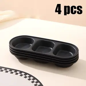 4 Pcs Divided Sauce Dishes – Black oval plastic serving condiment bowls with compartments. Reusable and dishwasher safe, perfect for soy sauce, dips, snacks, fruits and appetizers, ideal for parties, BBQ and kitchen use.