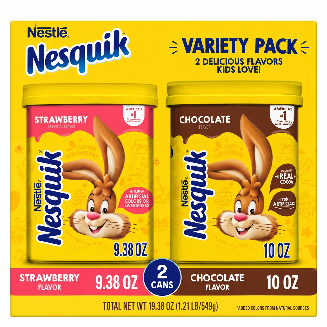 Nestlé Nesquik Variety Pack – Strawberry & Chocolate Flavor Powder Drink Mix, 2 Cans (9.38 oz & 10 oz), Milk Flavoring Powder
