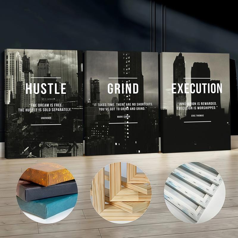 3Pcs Wooden Framed Canvas Painting, Black And White Cityscape With Motivational Quotes, Exquisite Poster, Home Decoration, Pattern Wall Art Decor, For Living Room, Bedroom, Office, Restaurant, Bar Wall Decor, Odorless, Painting, Print Artwork.