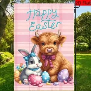 Cheerful Easter Garden Flag 12x18 Inch Polyester, Featuring a Double-Sided Design Suitable for Outdoor Use, Highland Cow And Bunny Motif, Perfect for Spring Holiday Decoration, No Flagpole